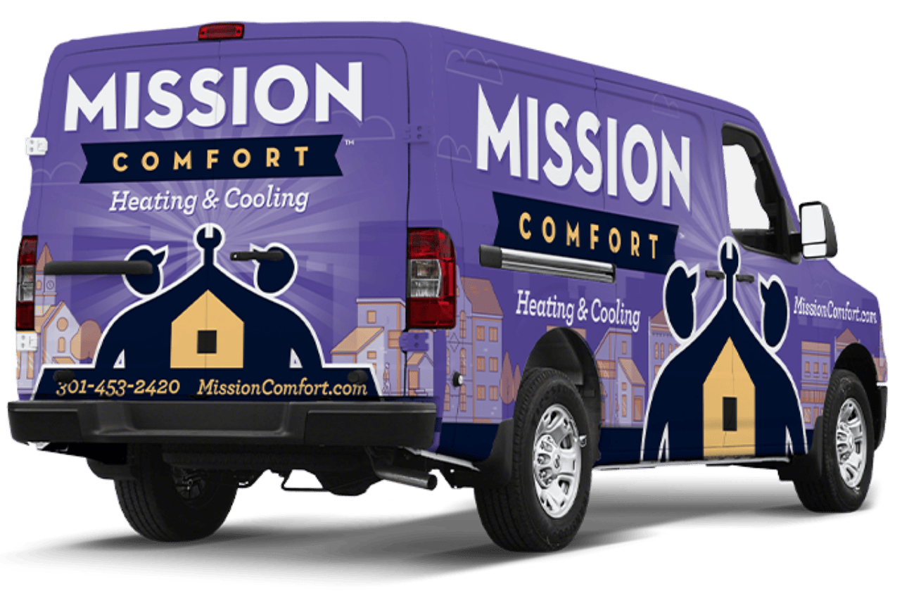 Mission Comfort service truck for residential HVAC in southwestern Maryland.